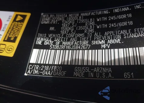 2018 Toyota Highlander Le from USA, damaged, VIN 5TDBZRFH6JS842677